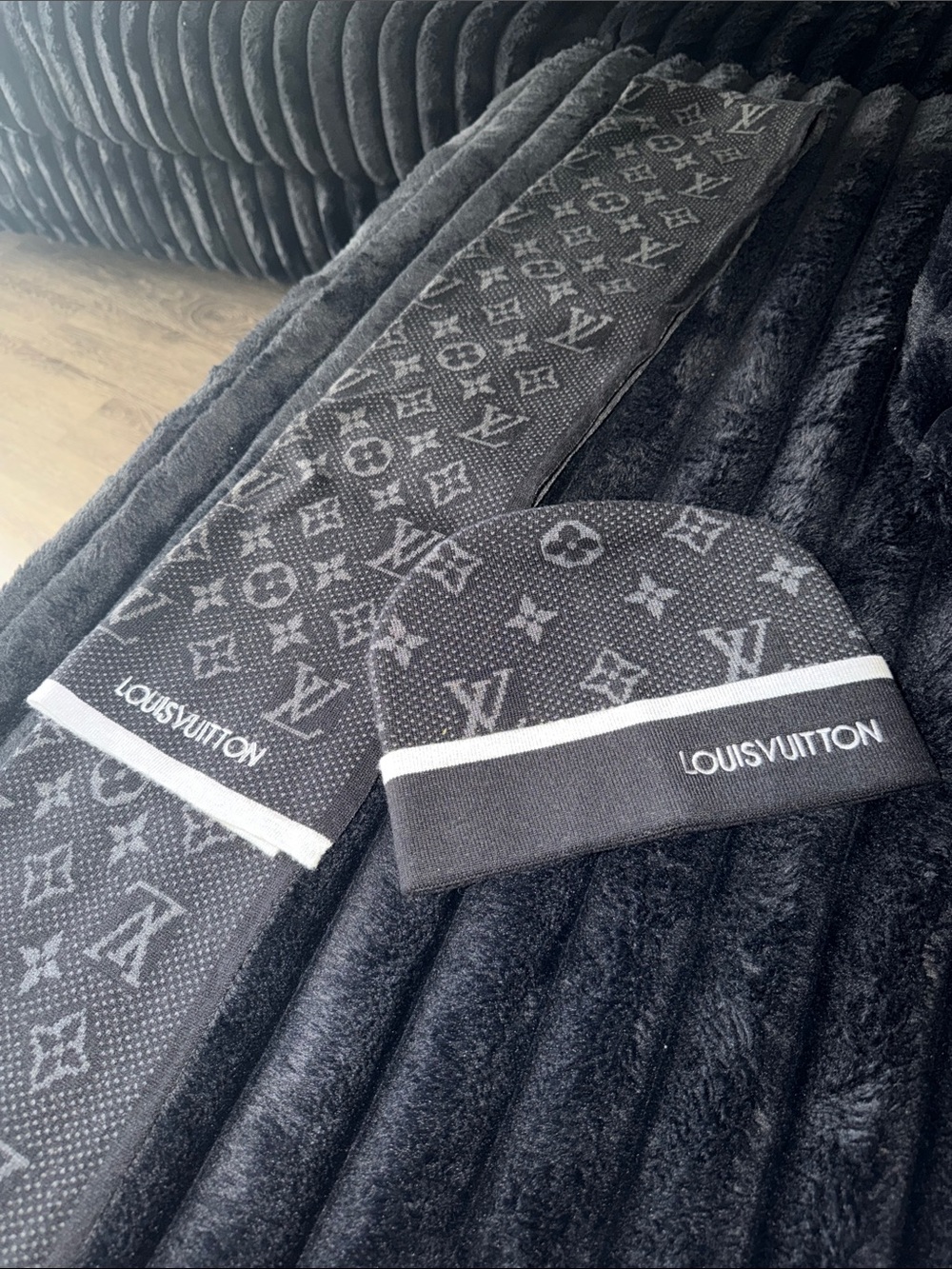 Louis Vuitton Black and Gray Monogram Beanie with Matching Scarf